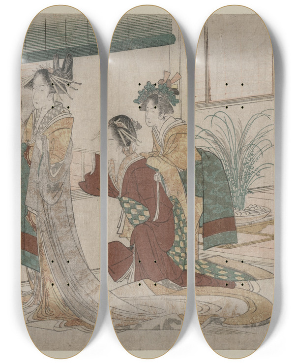 Triptych art skateboard deck of Katsushika Hokusai Tsukasa And Other Courtesans Of The Ogiya Watching The Autumn Moon Rise Over Rice Fields From A Balcony In The Yoshiwara by Katsushika Hokusai (1760-1849)