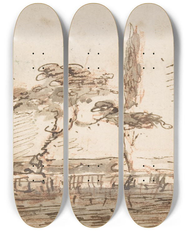 Triptych art skateboard deck of Francesco Guardi The Island Of Anconetta by Francesco Guardi (1712-1793)