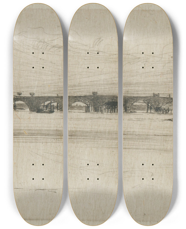 Triptych art skateboard deck of James Abbott Mcneill Whistler Old Westminster Bridge_2 by James Abbott Mcneill Whistler (1834-1903)
