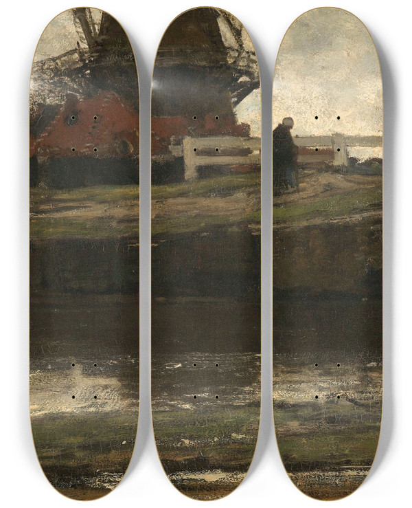 Triptych art skateboard deck of Jacob Maris The Truncated Windmill by Jacob Maris (1837-1899)