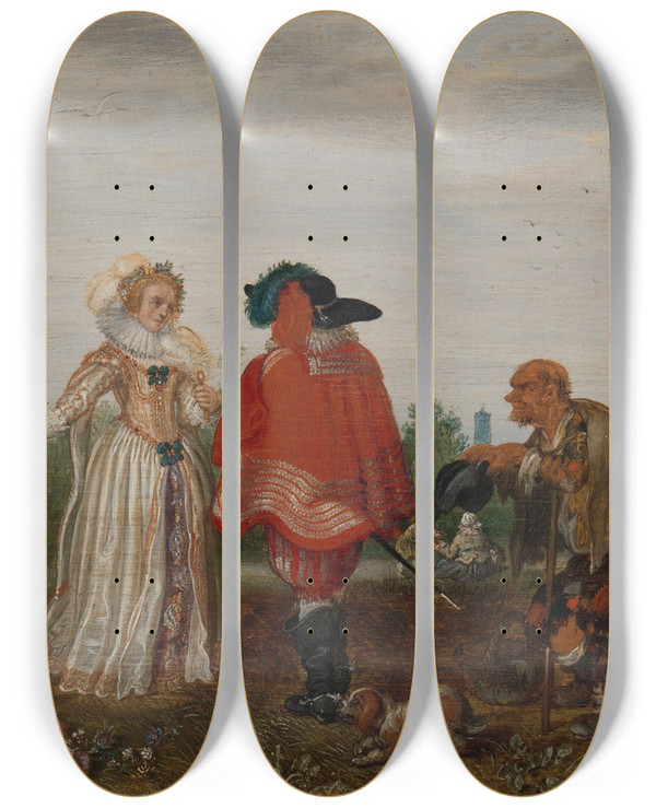 Triptych art skateboard deck of Adriaen Pietersz Van De Venne Spring The Meeting by Adriaen Pietersz Van De Venne (1589-1662)