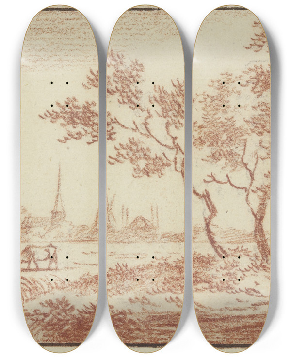 Triptych art skateboard deck of Jacob Cats Wiese Vor Einem Dorf Rechts Zwischen Bumen Ein Wagen by Jacob Cats (1741-1799)