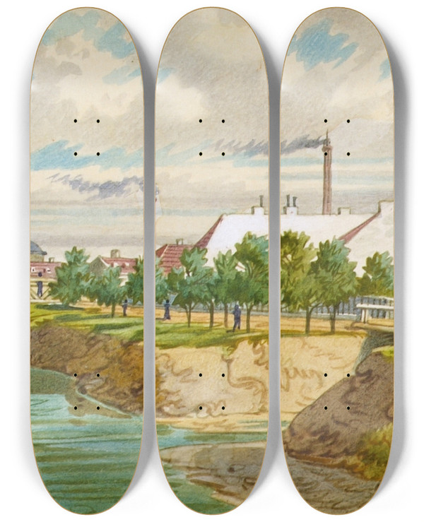 Triptych art skateboard deck of Franz Gerasch Der Hoblingersteg Ber Den Wienfluss Gaudenzdorf by Franz Gerasch (1826-1906)