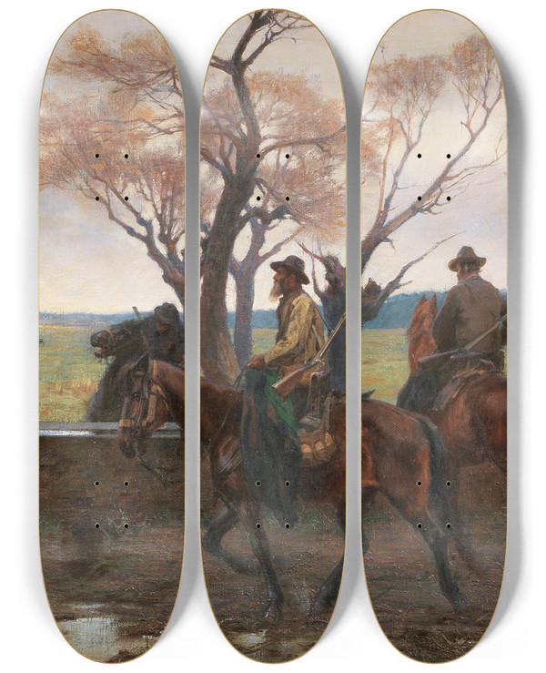 Triptych art skateboard deck of Eugenio Cecconi Returning From The Hunt by Eugenio Cecconi