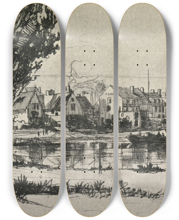 Triptych art skateboard deck of Francis Seymour Haden Fulham_1 by Francis Seymour Haden (1818-1910)