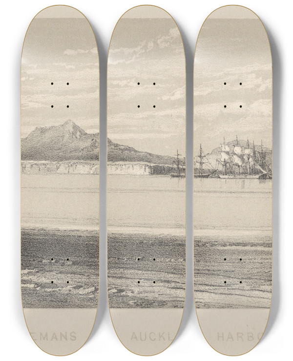 Triptych art skateboard deck of Charles Decimus Barraud New Zealand Graphic And Descriptive Plate Iii Freemans Bay Auckland Harbour by Charles Decimus Barraud (1822-1897)