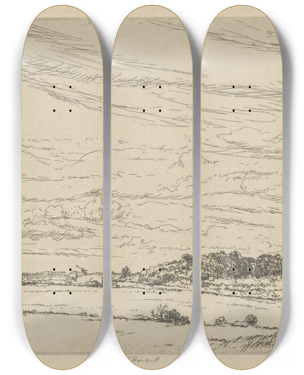 Triptych art skateboard deck of Ernest Haskell Boubiers Field by Ernest Haskell (1876-1925)