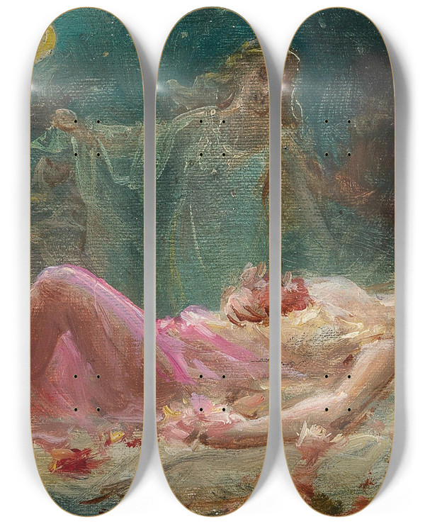 Triptych art skateboard deck of Hans Zatzka Allegory Of Sleep by Hans Zatzka (1859-1945)