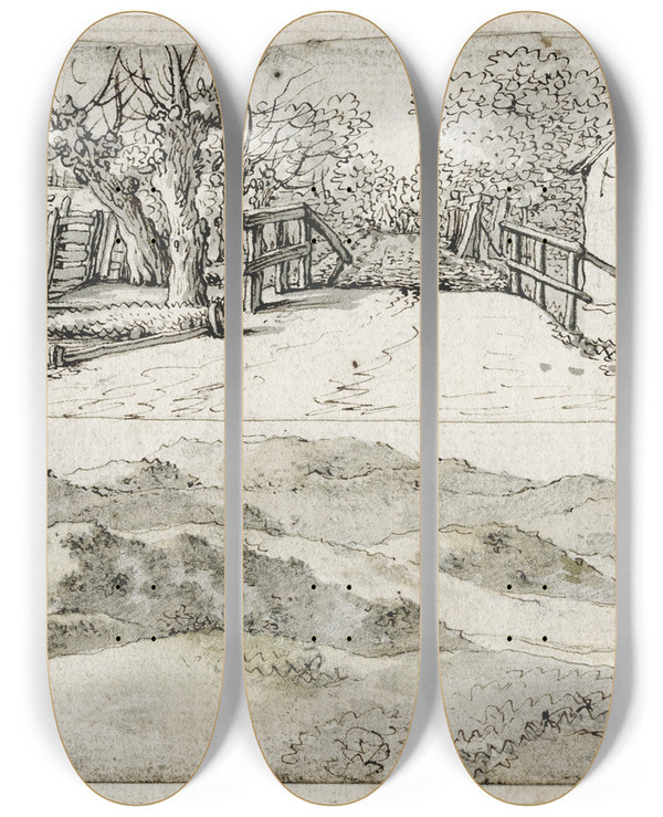 Triptych art skateboard deck of Barend Hendrik Thier Twee Landschapjes by Barend Hendrik Thier (1751-1814)
