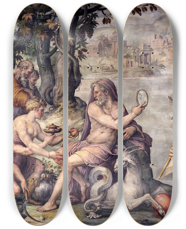 Triptych art skateboard deck of Giorgio Vasari The First Fruits From Earth Offered To Saturn by Giorgio Vasari (1511-1574)