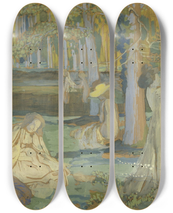 Triptych art skateboard deck of Maurice Denis Esquisse Pour Le Jeu De Volant Le Bois Sacr by Maurice Denis (1870-1943)