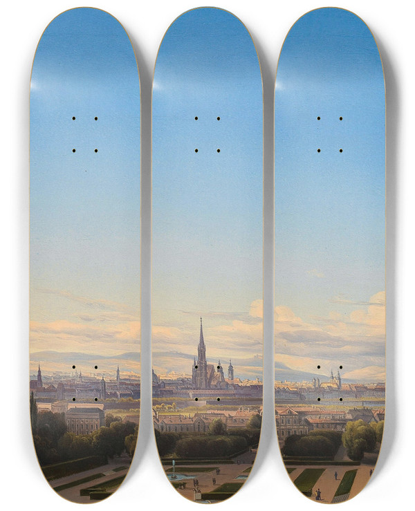 Triptych art skateboard deck of Johann Heinrich Hintze A View Of Vienna From The Belvedere Garden by Johann Heinrich Hintze (1800-1861)