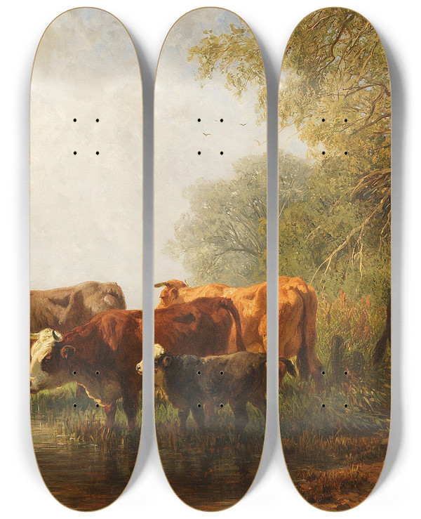 Triptych art skateboard deck of Friedrich Voltz Khe An Einem See_1 by Friedrich Voltz (1817-1886)