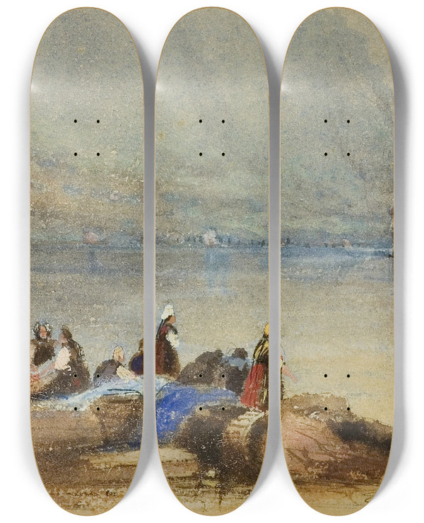 Triptych art skateboard deck of Robert Taylor Pritchett Castle Of Chillon Lake Geneva by Robert Taylor Pritchett (1823-1907)