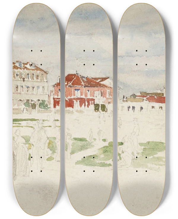 Triptych art skateboard deck of Frdric Houbron Paysage De La Banlieue De Paris by Frederic Houbron (1851-1908)