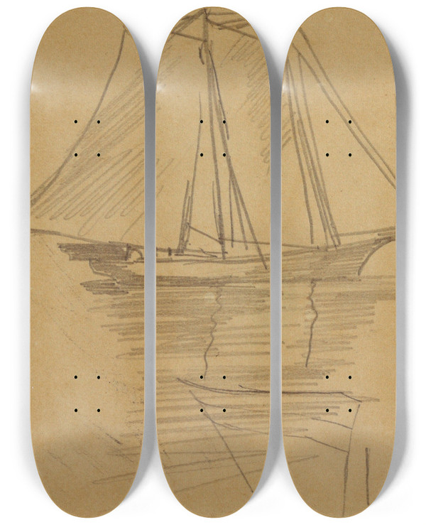 Triptych art skateboard deck of Winslow Homer Two Schooners And Dories by Winslow Homer (1836-1910)