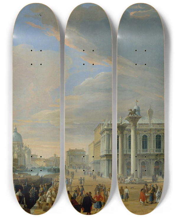 Triptych art skateboard deck of Luca Carlevarijs The Molo Venice Looking West by Luca Carlevarijs (1663-1730)