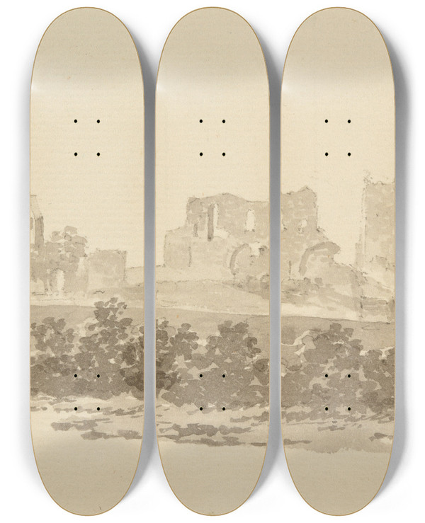 Triptych art skateboard deck of Jacquesraymond Brascassat Ruines Dun Chteau by Jacques Raymond Brascassat (1804-1867)