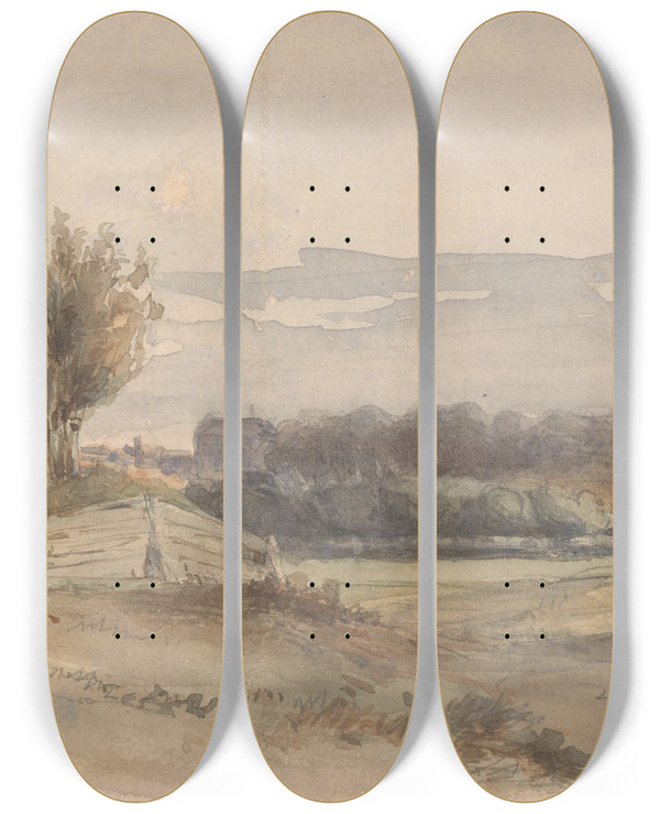 Triptych art skateboard deck of Johan Hendrik Weissenbruch Panoramisch Landschap by Johan Hendrik Weissenbruch (1824-1903)
