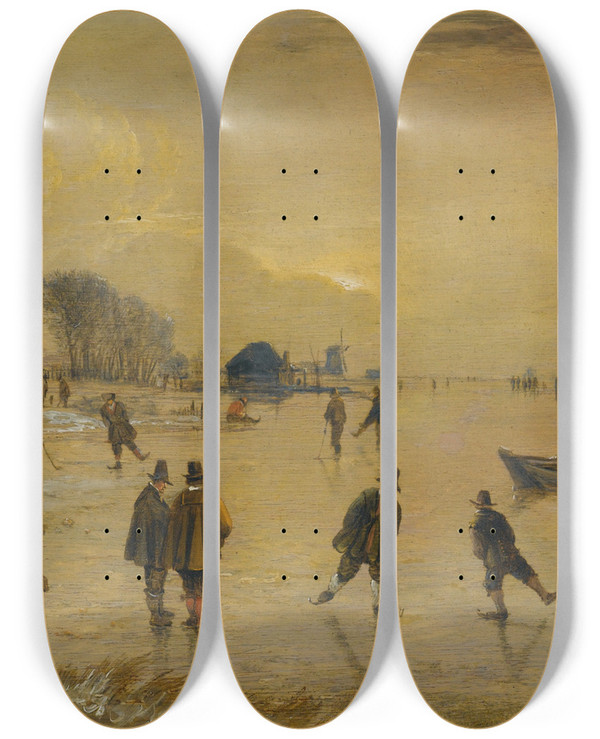 Triptych art skateboard deck of Aert Van Der Neer A Winter Landscape With Skaters And Kolf Players A Village To The Left by Aert van der Neer (1603-1677)