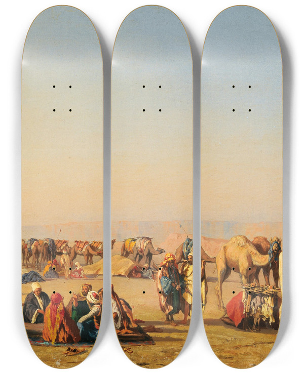 Triptych art skateboard deck of Stefano Ussi A Caravan Resting by Stefano Ussi (1822-1901)
