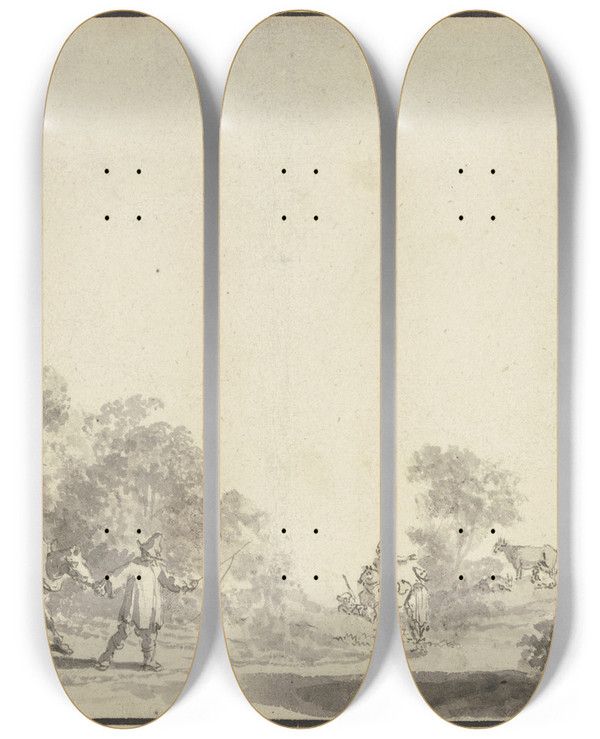 Triptych art skateboard deck of Jan Van De Velde Ii Links Am Ausgang Des Waldes Ein Reisewagen Mit Drei Pferden Umgeben Von Vielen Reitern Rechts Hirten Mit Herde by Jan van de Velde II (1593-1641)
