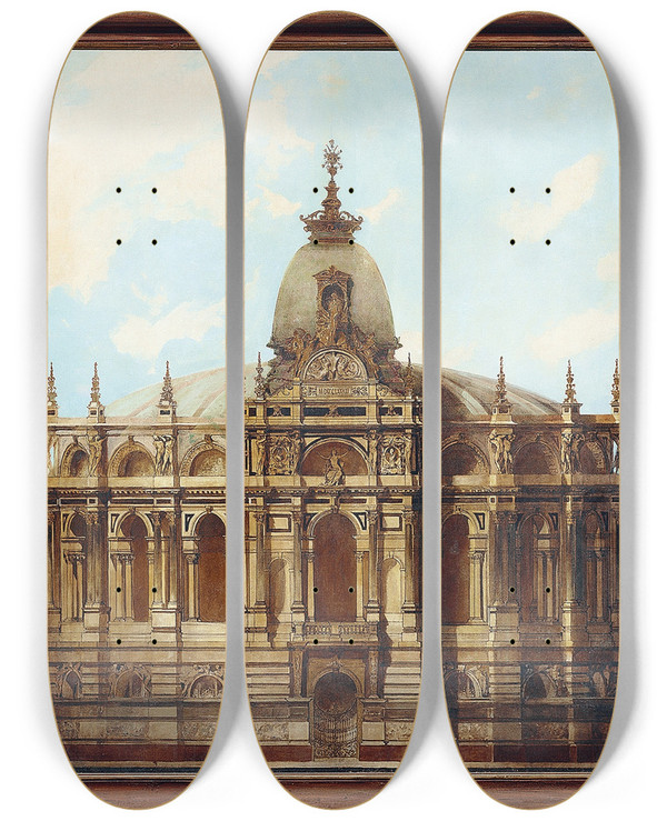 Triptych art skateboard deck of Hans Makart Entwurf Fr Einen Palast Rckseite Und Grundriss by Hans Makart (1840-1884)