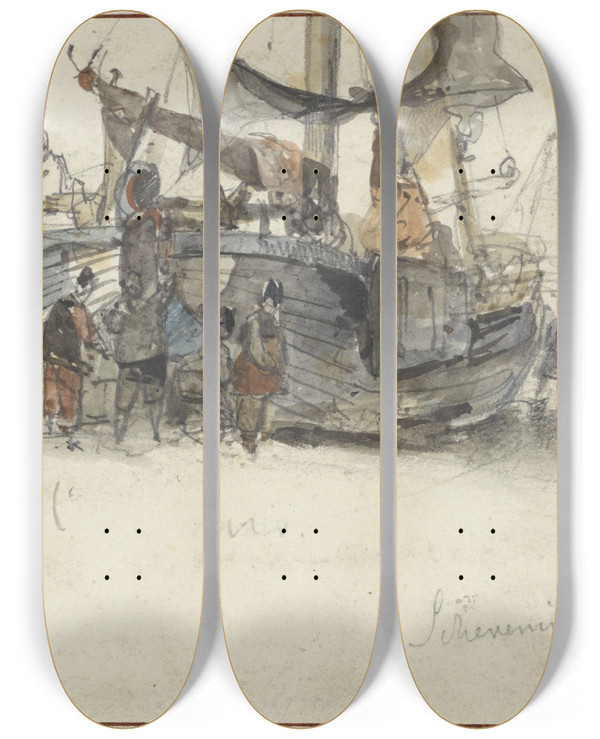 Triptych art skateboard deck of Willem Roelofs Vissersboten Op Het Strand Van Scheveningen by Willem Roelofs (1822-1897)