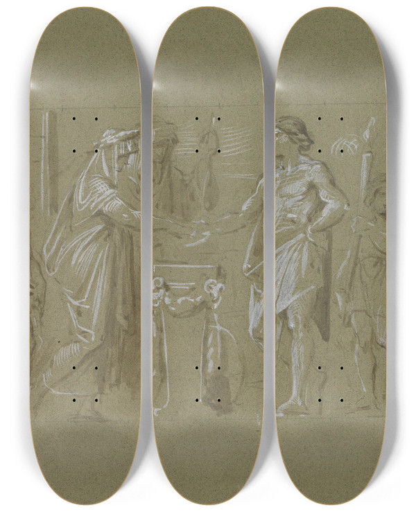 Triptych art skateboard deck of Moritz Von Schwind Die Vermhlung Des Neas Mit Lavinia by Moritz Von Schwind (1804-1871)