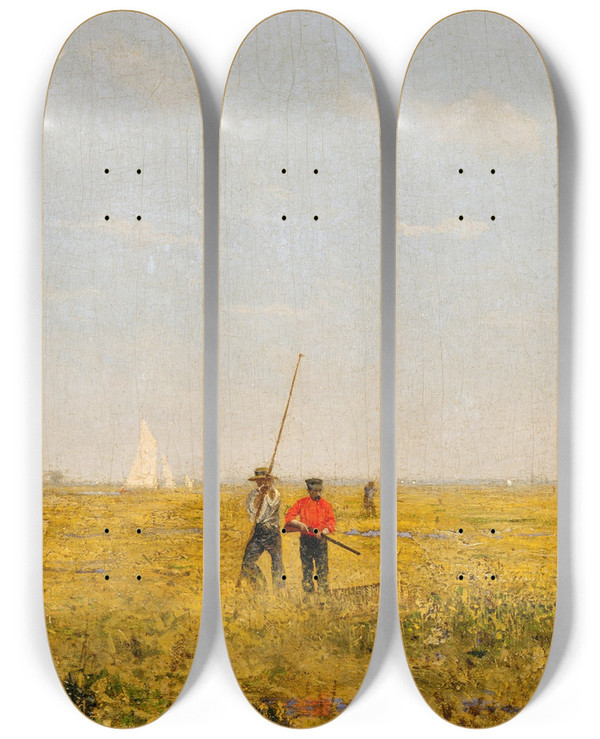 Triptych art skateboard deck of Thomas Eakins Pushing For Rail by Thomas Eakins (1844-1916)