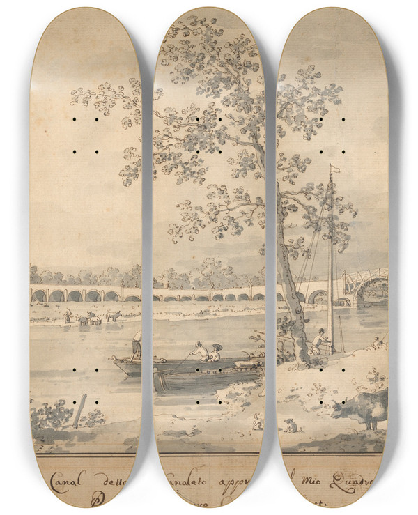 Triptych art skateboard deck of Canaletto Old Walton Bridge Seen From The Middlesex Shore by Canaletto (1697-1768)