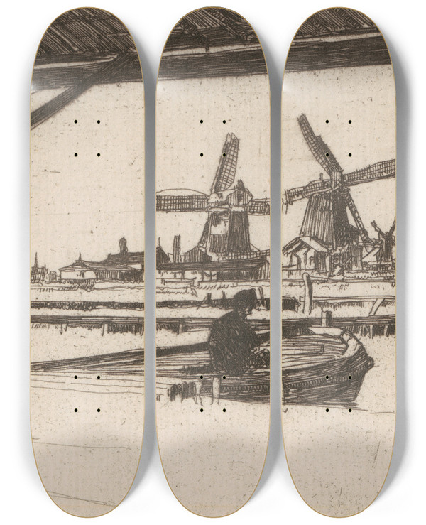 Triptych art skateboard deck of David Young Cameron Zaandam Windmills by David Young Cameron (1865-1945)