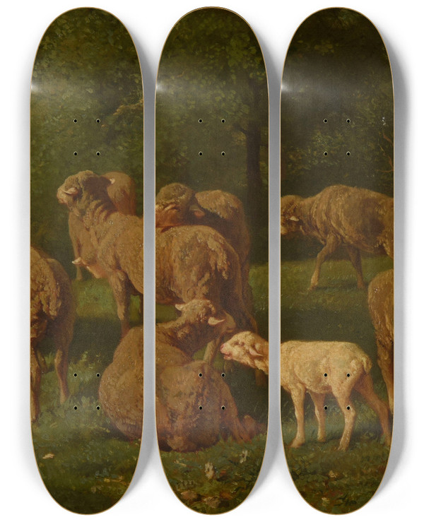 Triptych art skateboard deck of Charles Emile Jacque Moutons by Charles Emile Jacque (1813-1894)