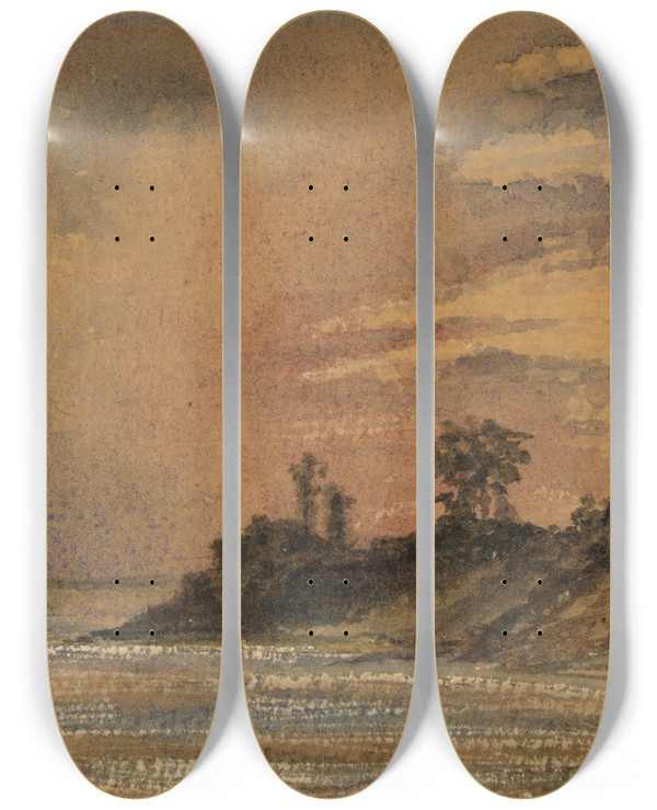 Triptych art skateboard deck of John La Farge Sunset At Redspring by John La Farge (1835-1910)