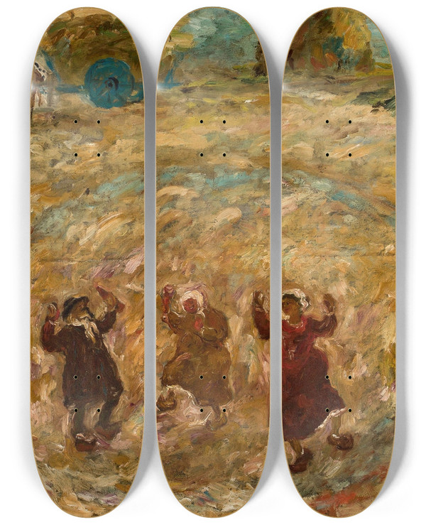 Triptych art skateboard deck of Tadeusz Makowski Play In A Village by Tadeusz Makowski (1882-1932)