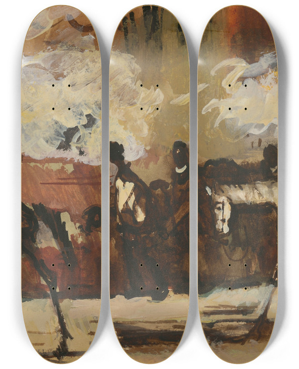 Triptych art skateboard deck of Cyprin Majernk Riders_1 by Cyprian Majernik (1909-1945)