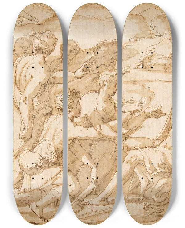 Triptych art skateboard deck of Giorgio Vasari The First Fruits Of The Earth Offered To Saturn by Giorgio Vasari (1511-1574)