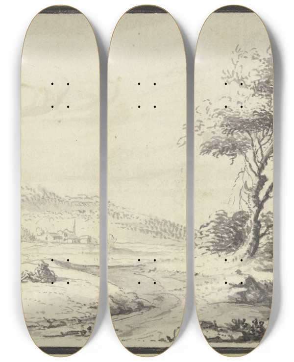 Triptych art skateboard deck of Johann Ludwig Aberli Weite Landschaft Mit Bumen by Johann Ludwig Aberli (1723-1786)