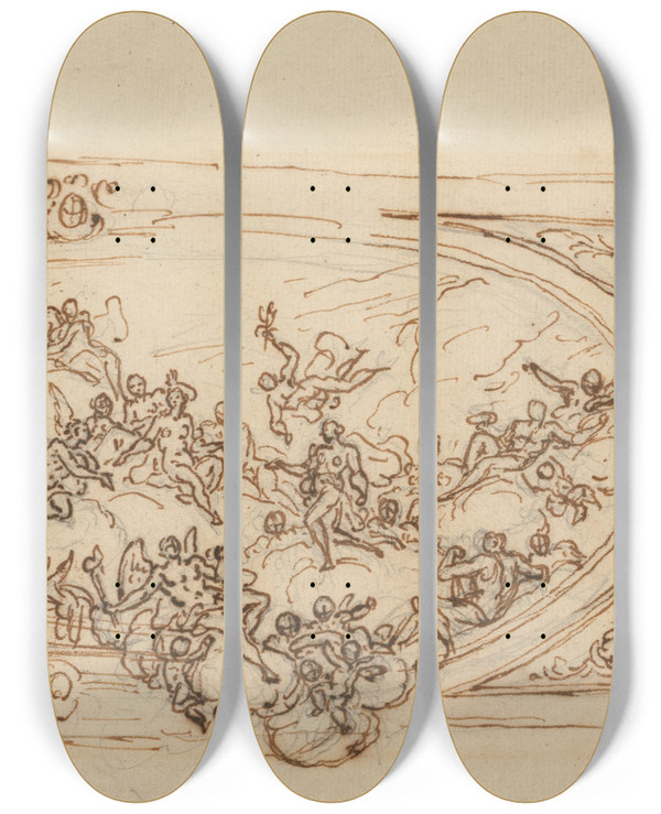 Triptych art skateboard deck of Sir James Thornhill Design For A Ceiling_1 by Sir James Thornhill (1675-1734)