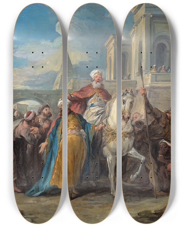 Triptych art skateboard deck of Jeanfranois De Troy The Triumph Of Mordecai by Jean-Franois de Troy (1679-1752)