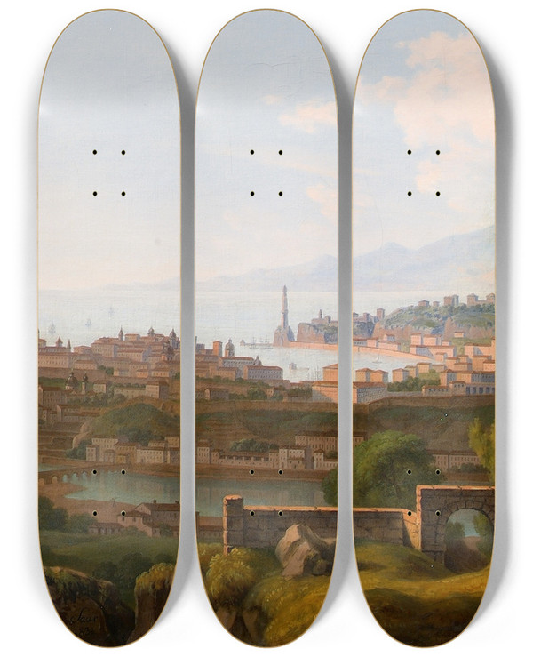 Triptych art skateboard deck of Alois Von Saar Sdliche Hafenstadt by Alois Von Saar (1779-1840)