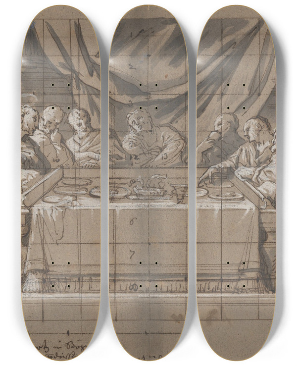 Triptych art skateboard deck of Melchior Steidl Feast In The House Of Simon by Melchior Steidl (1657-1727)