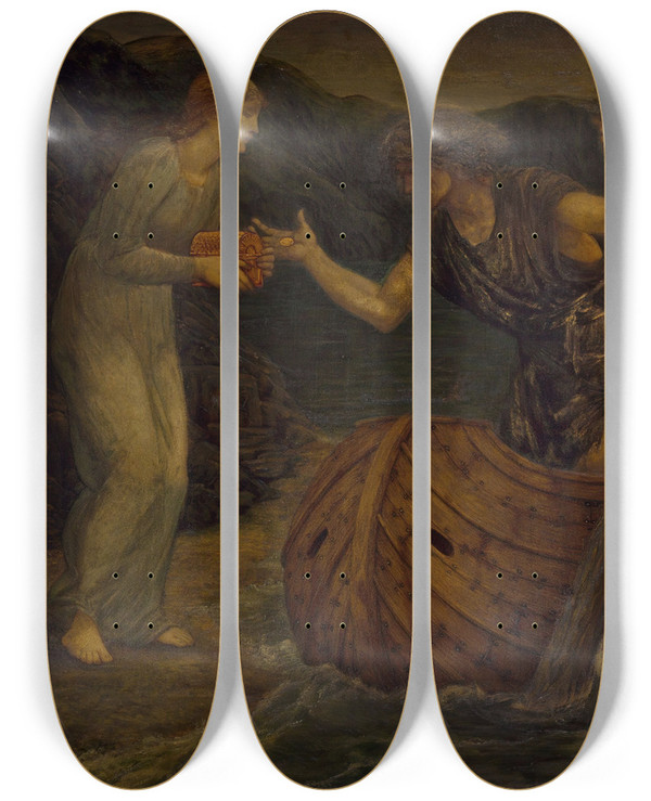 Triptych art skateboard deck of Sir Edward Coley Burnejones Psyche Giving The Coin To The Ferryman Of The Styx by Sir Edward Coley Burne-Jones (1833-1898)