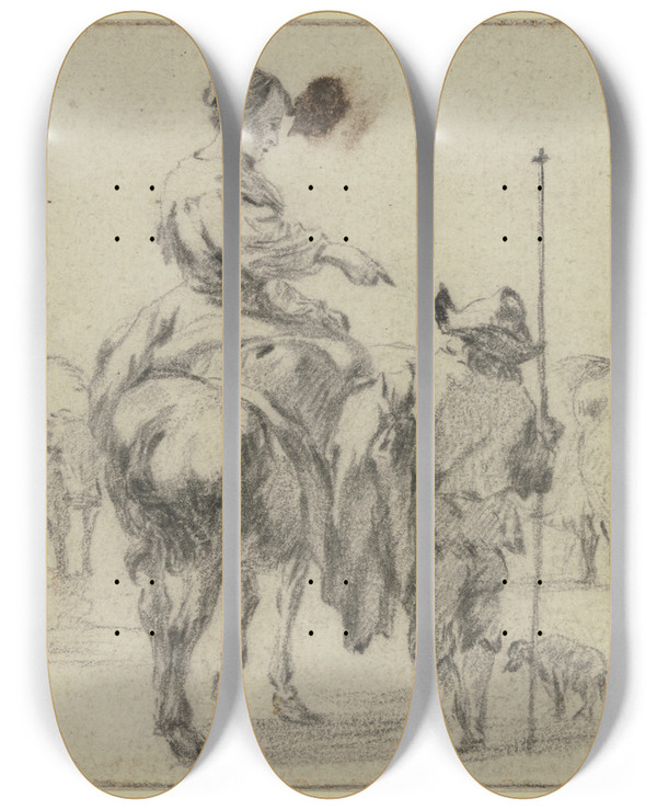 Triptych art skateboard deck of Nicolaes Pietersz Berchem Hirtin Zu Pferde Zwei Hirten Zu Fu Bei Einer Kuhherde by Nicolaes Pietersz Berchem (1620-1683)