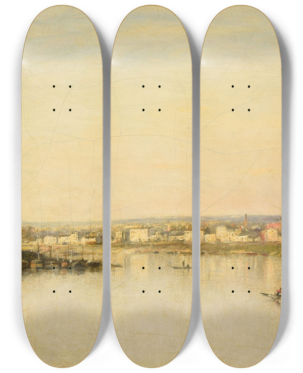 Triptych art skateboard deck of Stanislas Lpine La Seine Devant Saintdenis_2 by Stanislas Lepine (1835-1892)