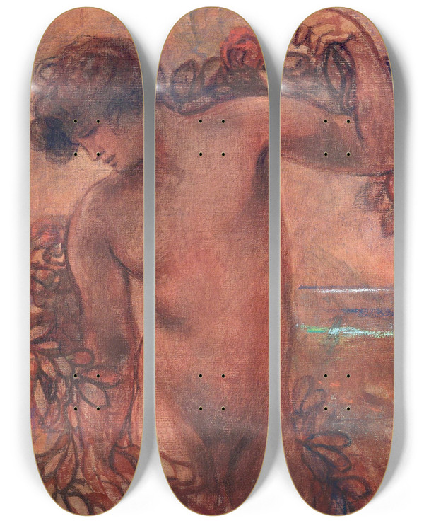 Triptych art skateboard deck of Plinio Nomellini Lost In Thought by Plinio Nomellini (1866-1943)