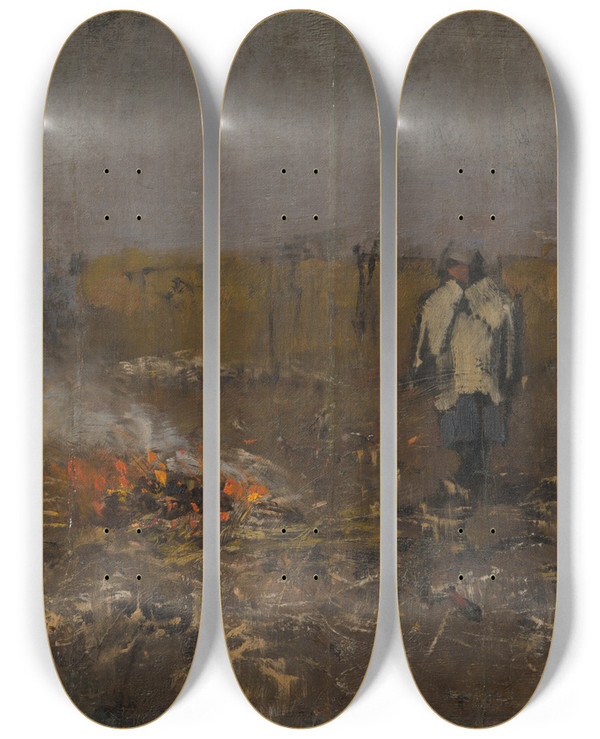 Triptych art skateboard deck of Ladislav Mednynszky Autumn Fire by Ladislav Mednyanszky (1852-1919)