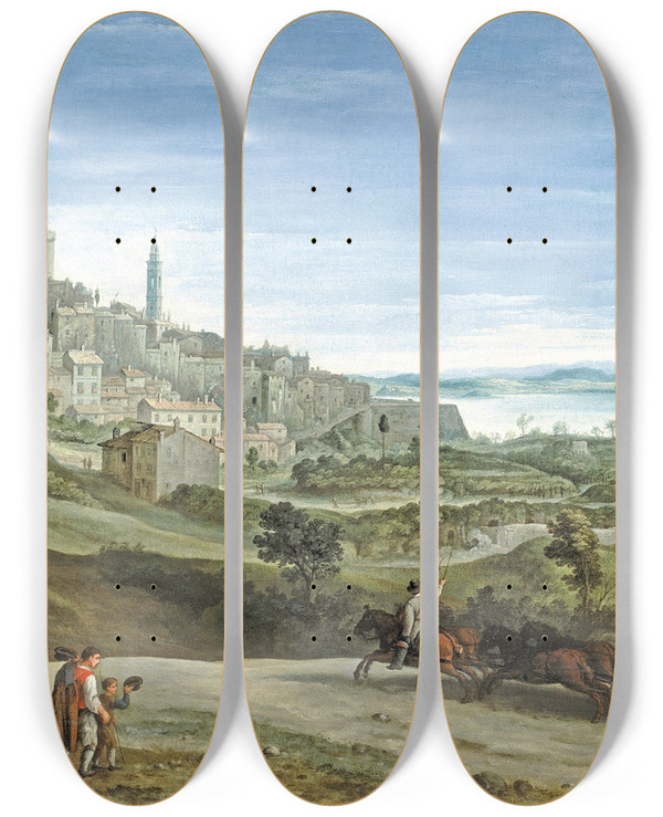 Triptych art skateboard deck of Paul Bril View Of Bracciano by Paul Bril (1554-1626)