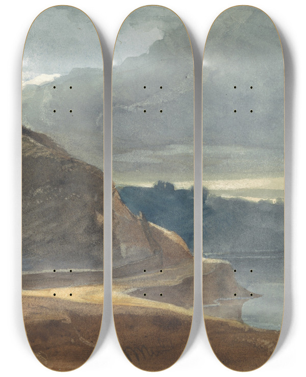 Triptych art skateboard deck of William James Mller A Castle Above An Estuary_1 by William James Muller (1812-1845)
