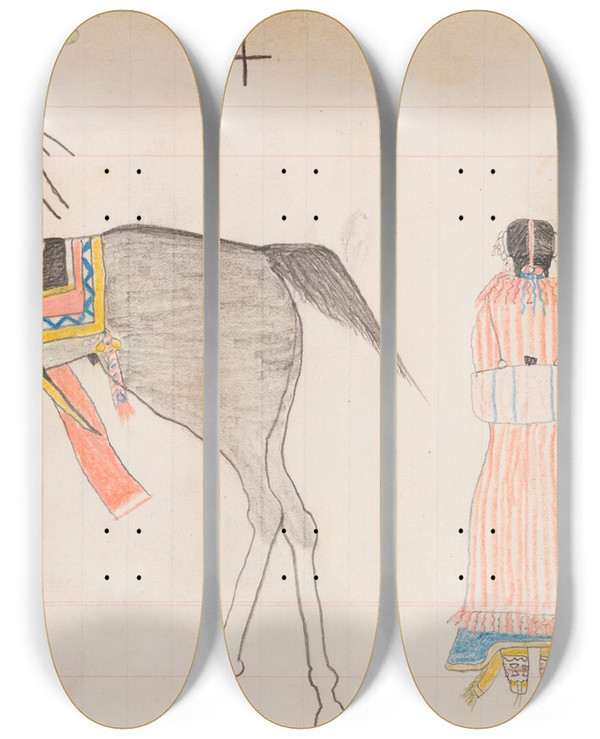 Triptych art skateboard deck of Frank Henderson Man And Two Women by Frank Henderson (1862-1885)